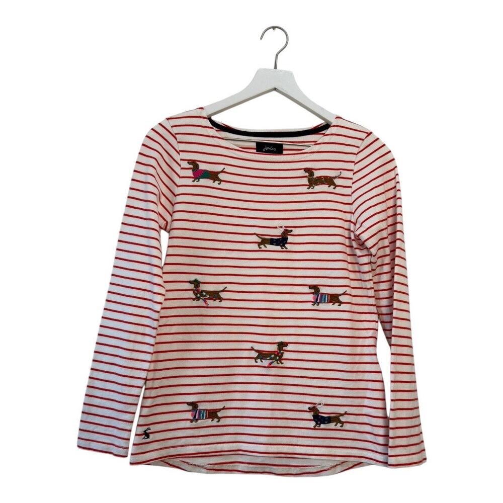 Joules Striped Dachshund Embroidered Long Sleeve Top US 4 Red White Cotton